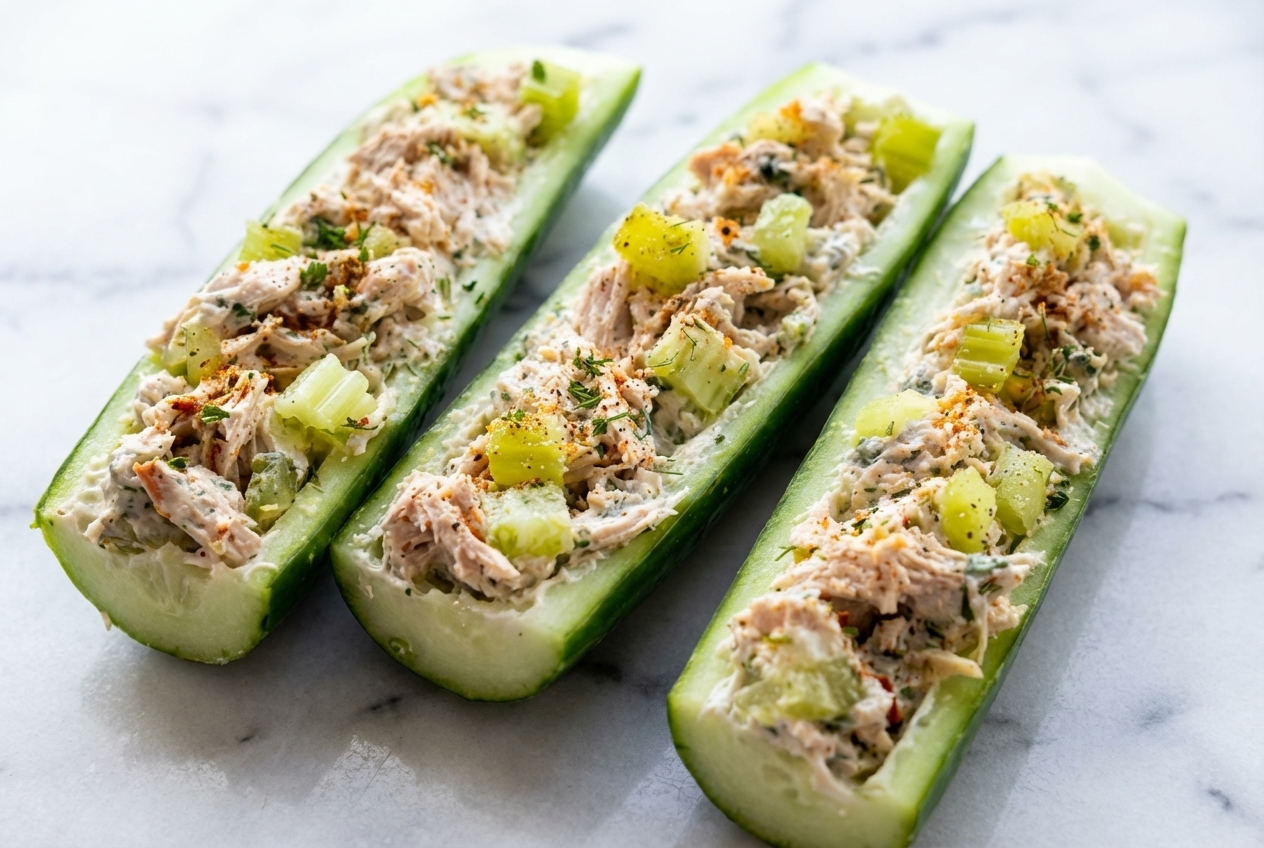 Keto Chicken Cucumber Boats with tangy dill pickles and monk fruit sweetener on a white marble surface.