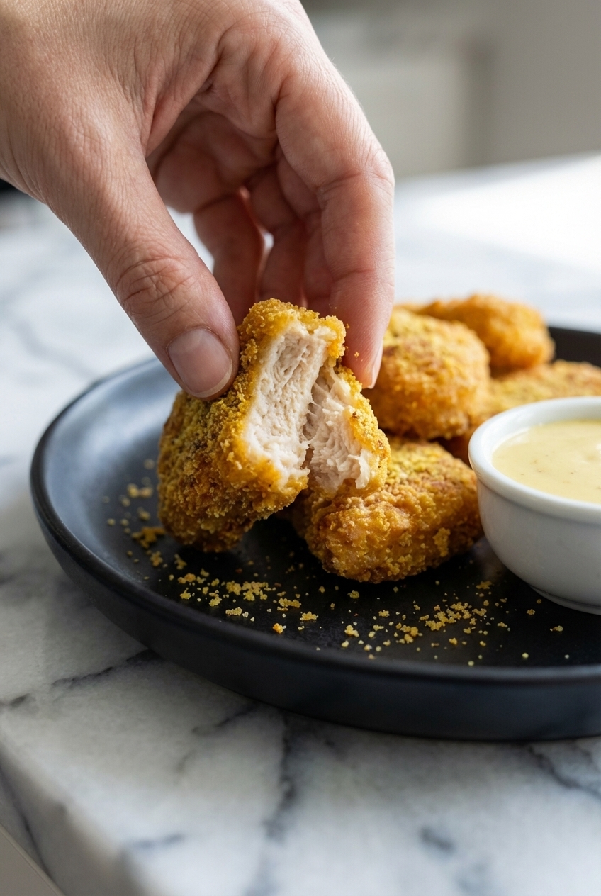 Macro detail of the crispy Maillard reaction and nutritional yeast texture on Keto Chicken Nuggets under natural window lighting.