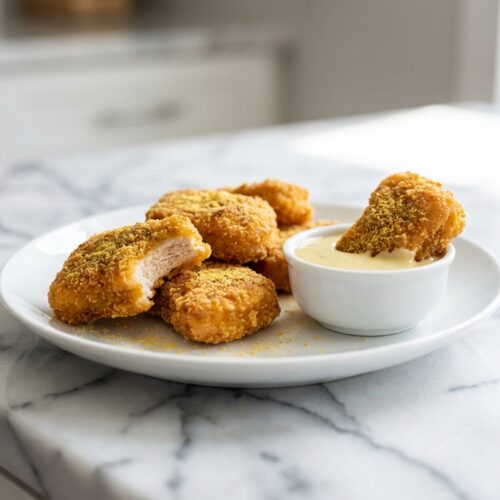 Golden Keto Chicken Nuggets with a pickle juice brine and nutritional yeast crust on a minimalist ceramic plate over white marble.