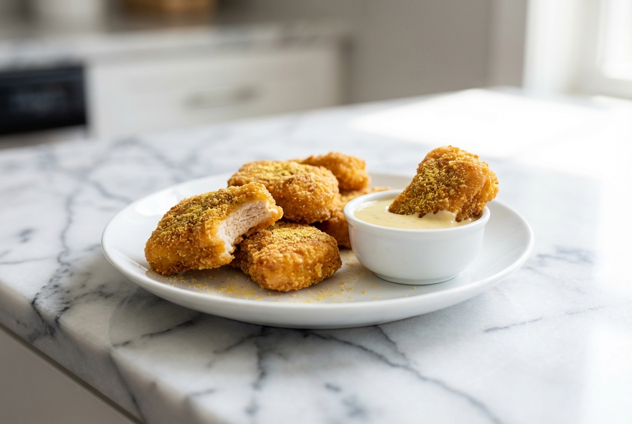 Golden Keto Chicken Nuggets with a pickle juice brine and nutritional yeast crust on a minimalist ceramic plate over white marble.