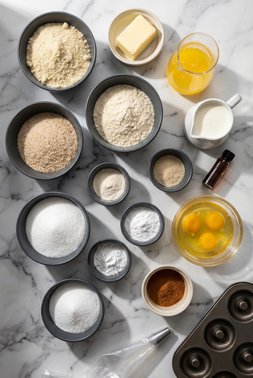 Flat lay of almond flour, coconut flour, and psyllium husk for Keto Donut Holes on a contemporary marble countertop.