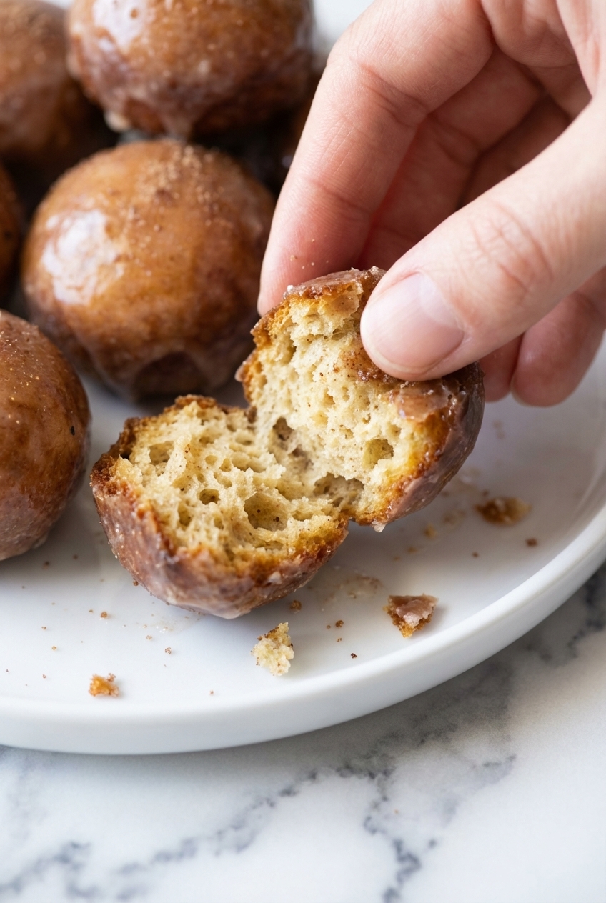 Close-up texture of Keto Donut Holes showing the tender crumb and aromatic nutmeg seasoning on a white marble surface.