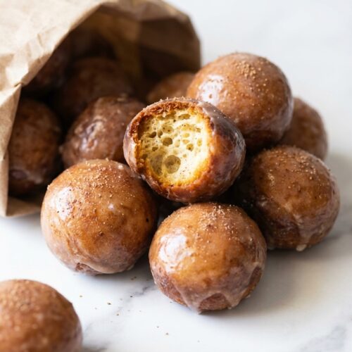 Golden Keto Donut Holes with browned butter flecks in a minimalist ceramic bowl on white marble in natural light.