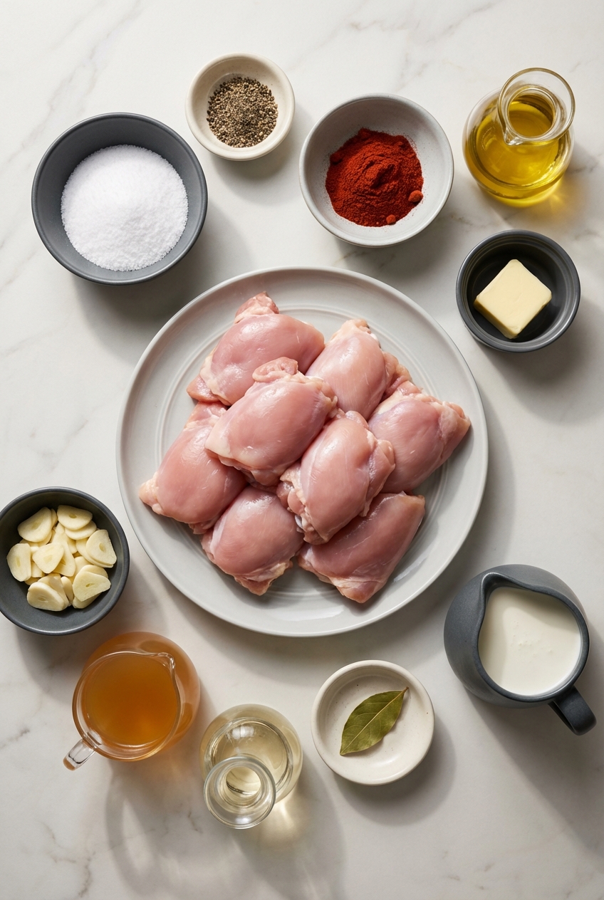 Flat lay of ingredients for Yummy Garlic Chicken Keto Recipe on white marble including heavy whipping cream and fresh garlic.