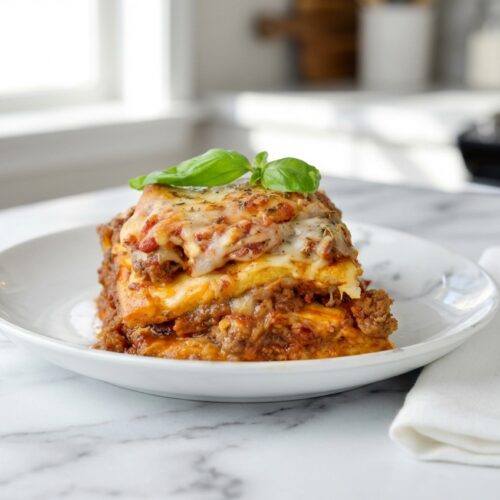 Top view of bubbling keto lasagna recipes on white marble, showing xanthan-strengthened noodles and nutmeg-infused ricotta.