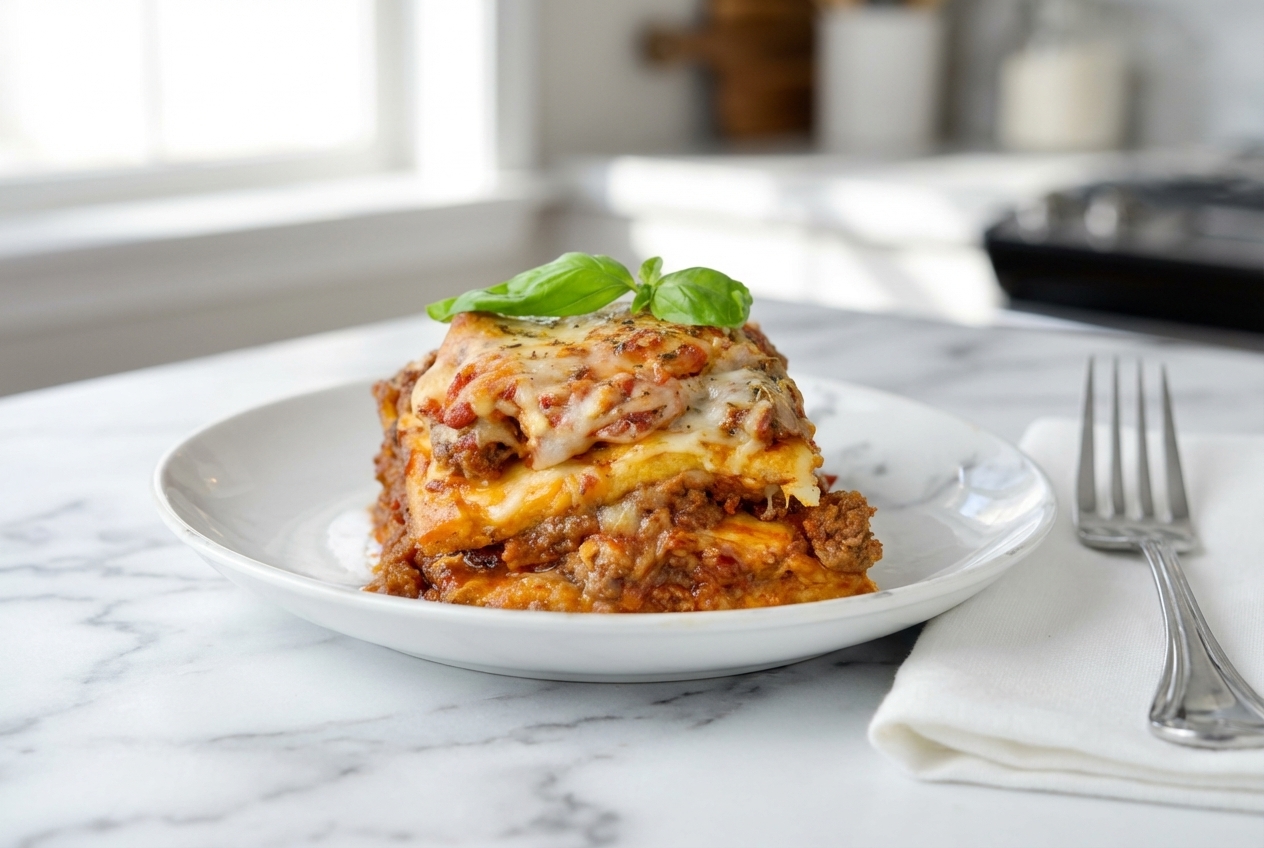 Top view of bubbling keto lasagna recipes on white marble, showing xanthan-strengthened noodles and nutmeg-infused ricotta.