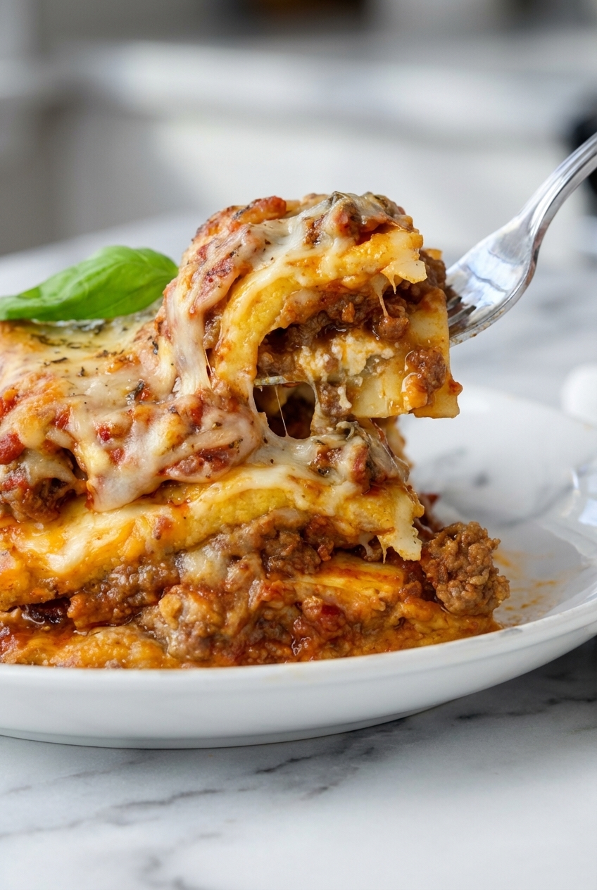 Close-up of keto lasagna recipes showing the Maillard reaction on the cheese crust and the al dente texture of the noodles.