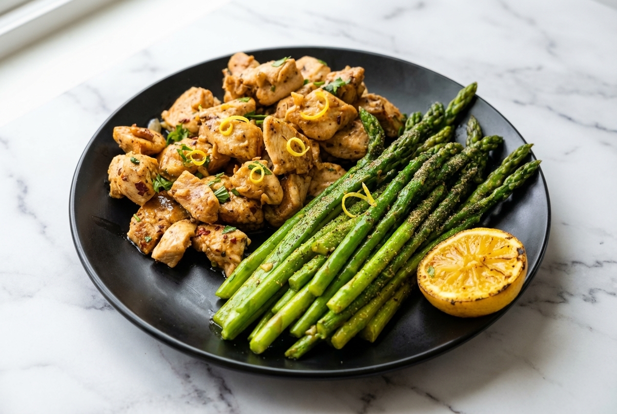 Keto Lemon Garlic Butter Dinner with golden seared chicken and a glossy brown butter lemon emulsion on white marble.