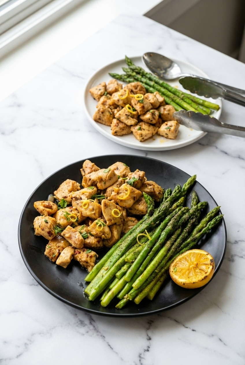 Close-up of Keto Lemon Garlic Butter Dinner with the zest-infused butter mount glistening on a white marble surface.