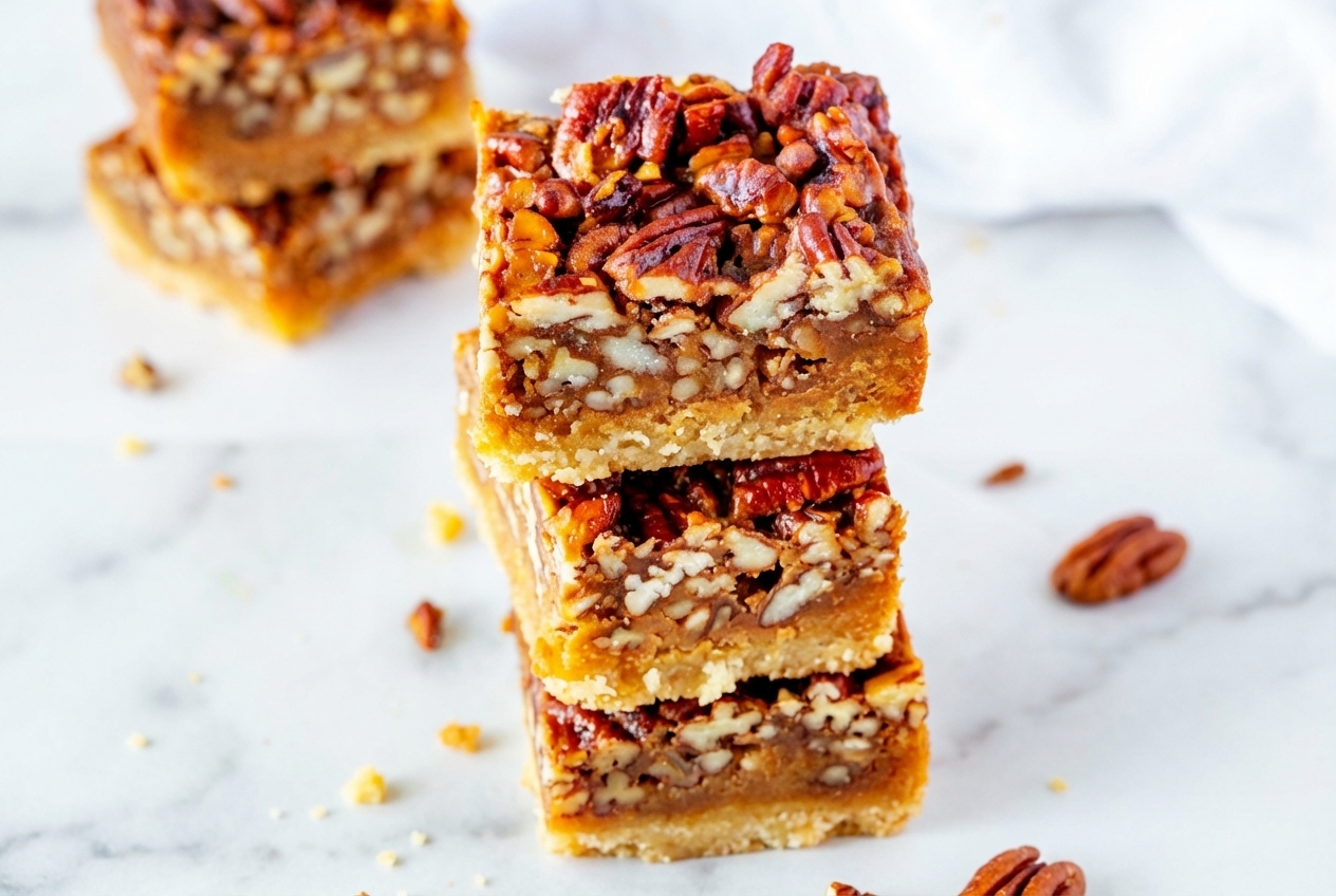 Keto Pecan Square Recipe featuring browned butter filling and crunchy pecans on a white marble surface in natural light.