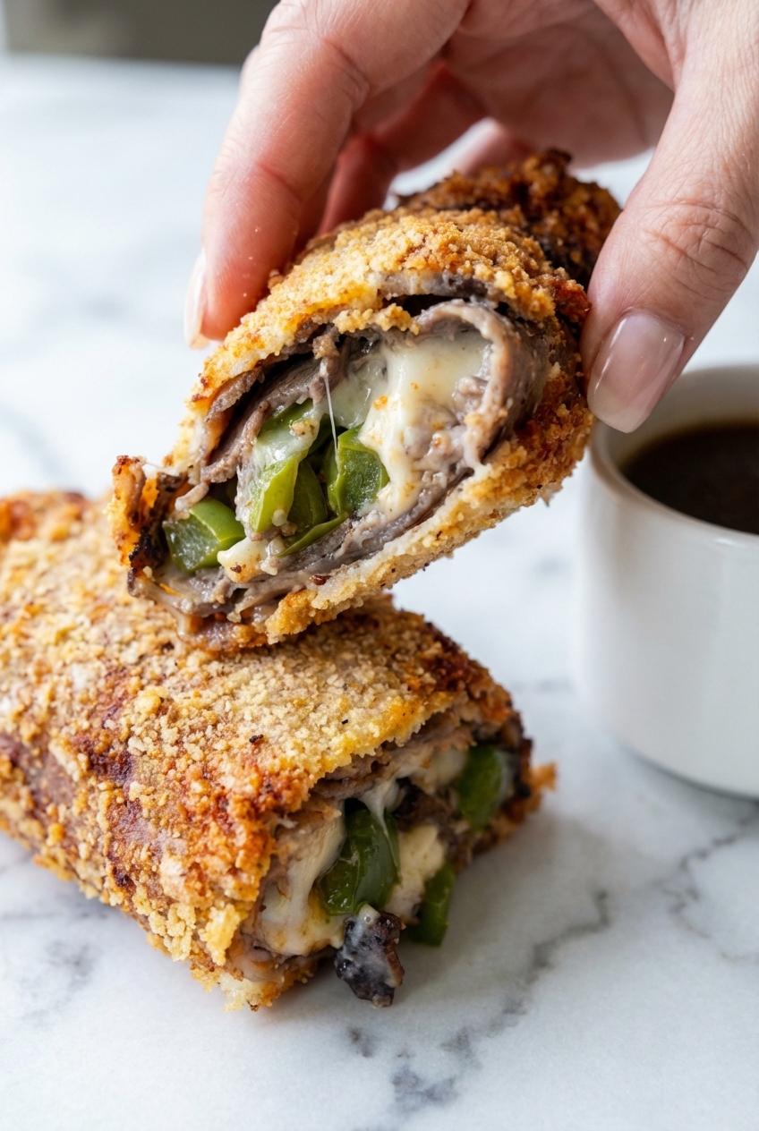 Close-up of the Maillard reaction on Keto Philly Cheesesteak Rolls, highlighting the detailed texture of the smoked paprika breading.