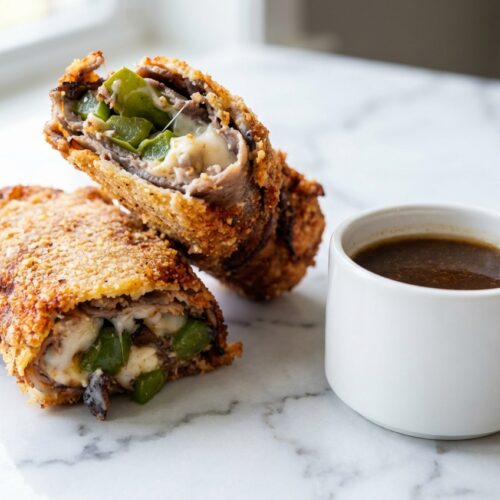 Keto Philly Cheesesteak Rolls on white marble, showcasing the smoked paprika infused pork rind breading and golden texture.
