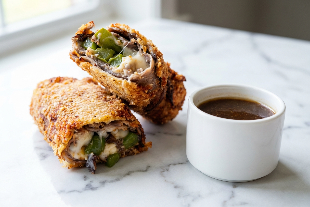 Keto Philly Cheesesteak Rolls on white marble, showcasing the smoked paprika infused pork rind breading and golden texture.