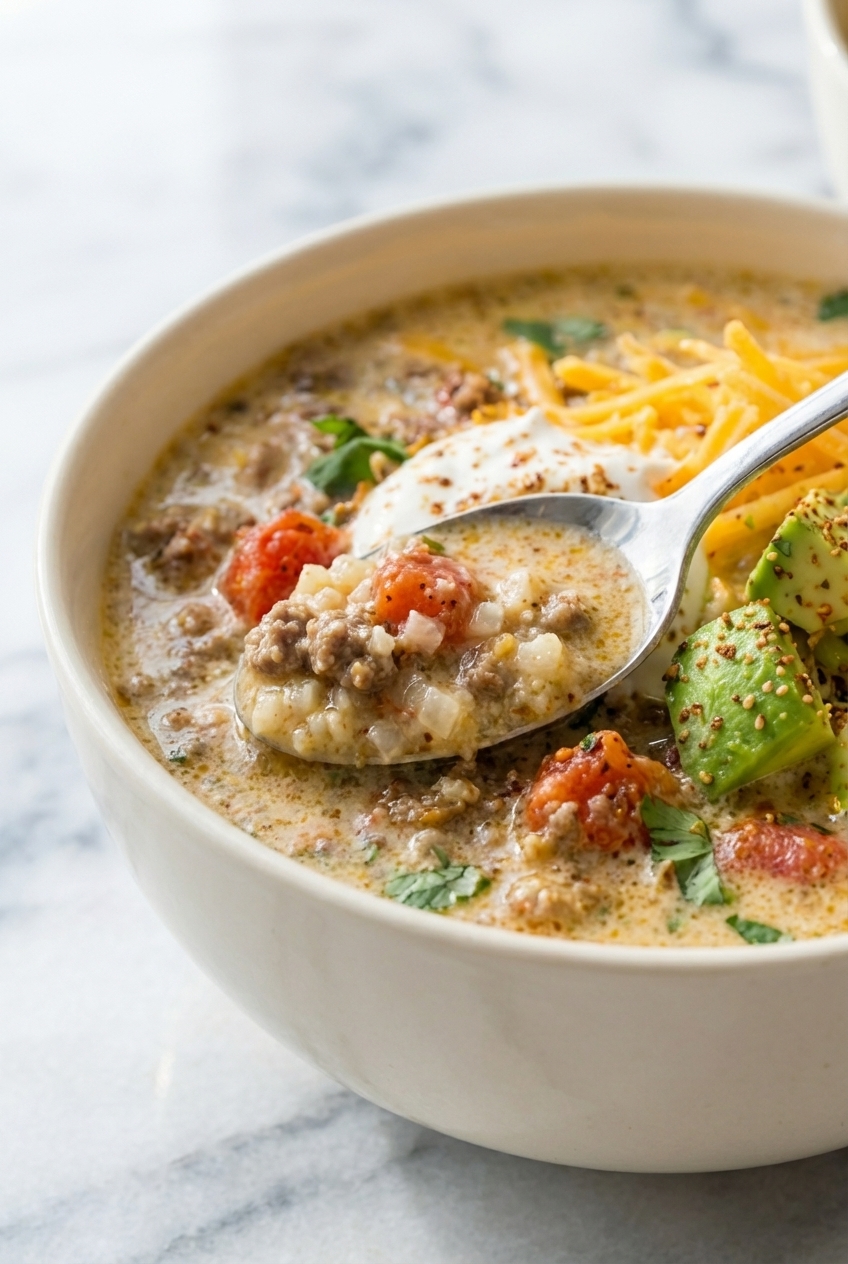 A close-up of the creamy texture of Keto Taco Soup being garnished on a contemporary countertop with soft shadows.