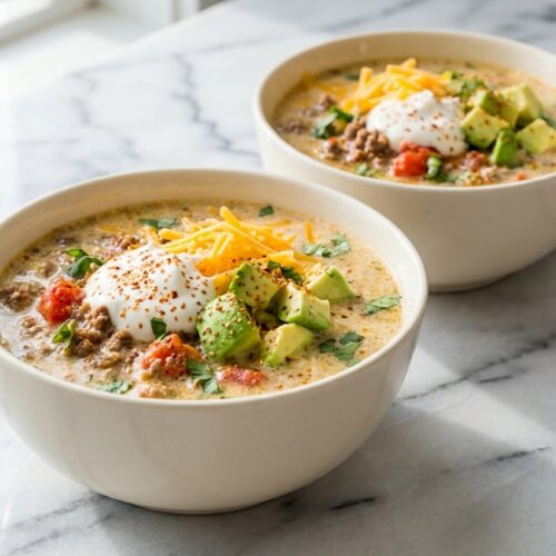 Keto Taco Soup in a minimalist ceramic bowl on white marble, finished with a vibrant dusting of Tajín seasoning.