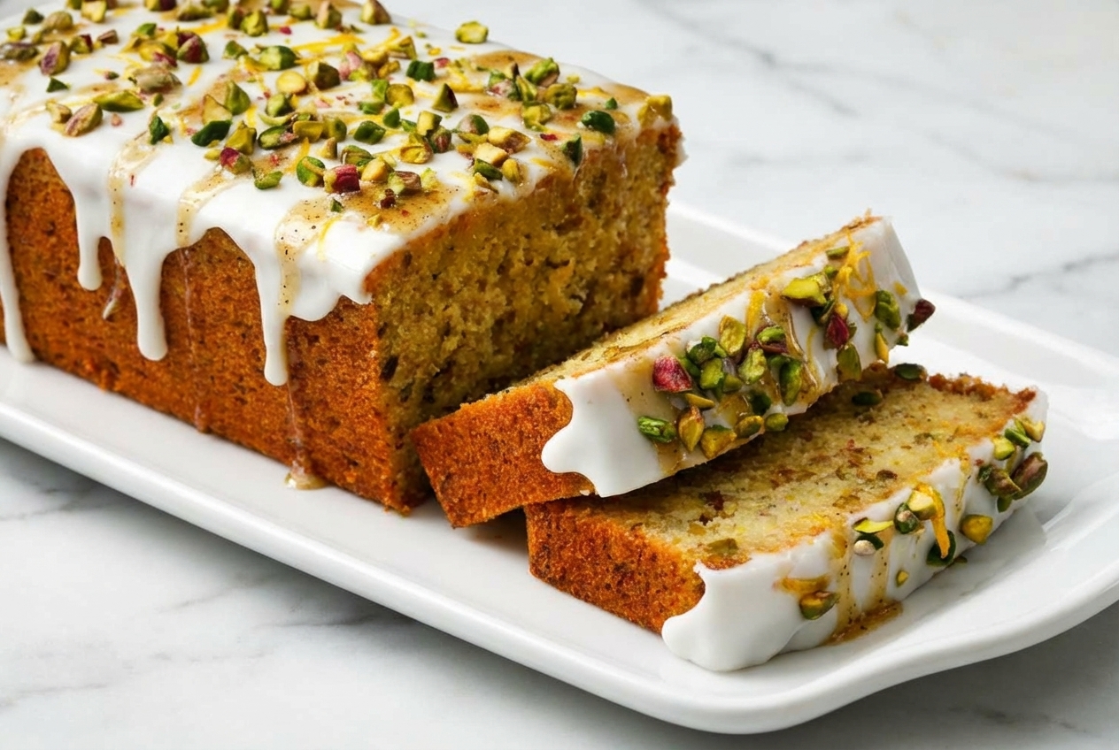 Lemon Pistachio Loaf with a brown butter and cardamom infusion on a white marble surface in soft natural lighting.