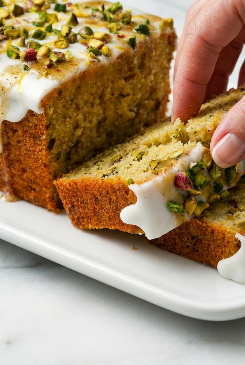 Macro shot of the crumb structure and roasted pistachios inside a Lemon Pistachio Loaf on a minimalist ceramic vessel.