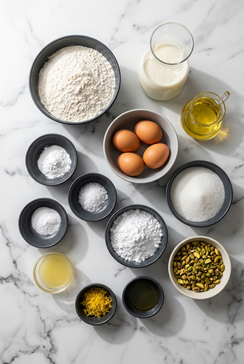 Flat lay of Lemon Pistachio Loaf ingredients including beurre noisette, pistachios, and lemons on a contemporary countertop.
