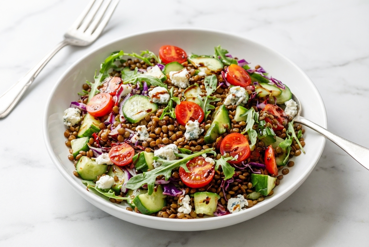 Lentil and Feta Rainbow Salad (13g Protein) finished dish