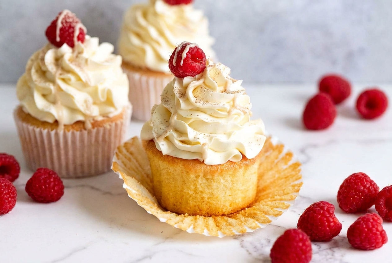 Frosted Vanilla Cupcakes with a malted vanilla infusion on a white marble surface under natural lighting.