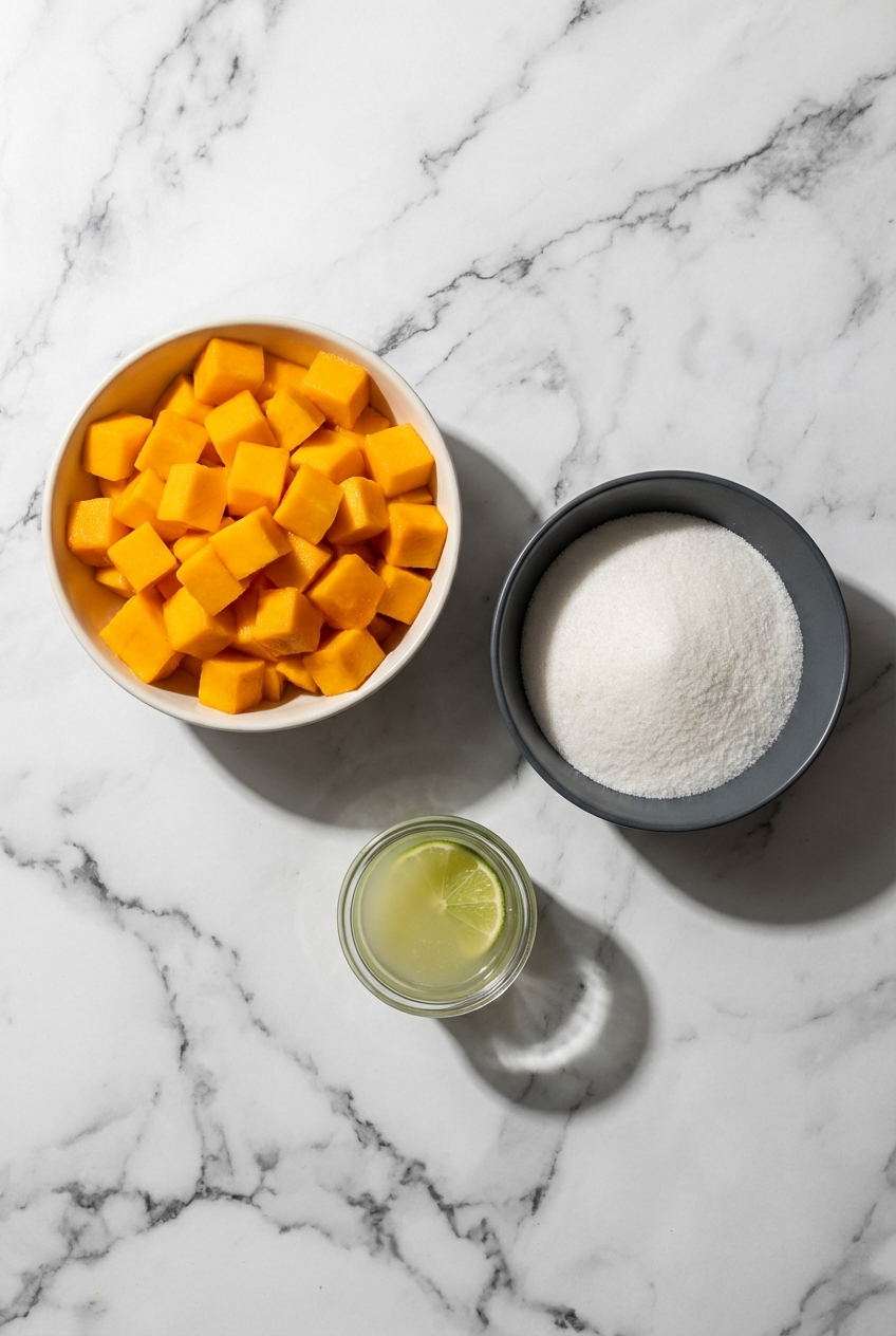 Flat lay of Ataulfo mango, agave nectar, simple syrup, and corn syrup on a white marble surface for mango sorbet recipe.