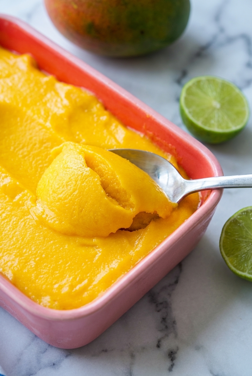 Close-up of the velvety texture of mango sorbet recipe on a white marble surface, showing no crystallization.