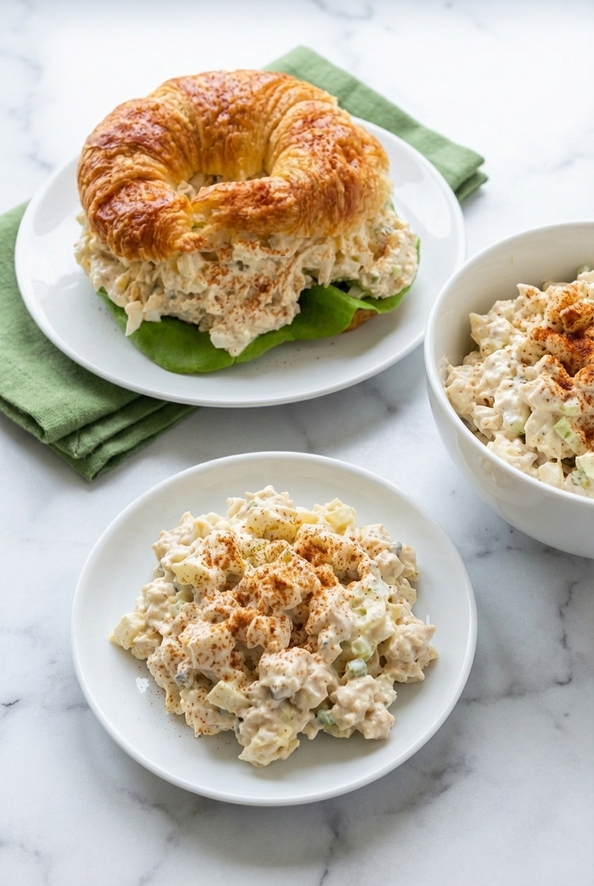 Old Southern Chicken Salad (25g Protein) in a minimalist ceramic vessel on a white marble surface with soft shadows.