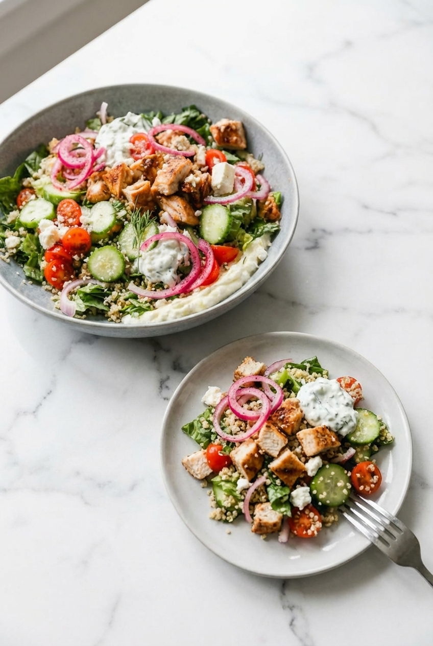 Greek Chicken Bowls arranged in minimalist ceramic vessels for meal prep storage on a contemporary white marble surface.