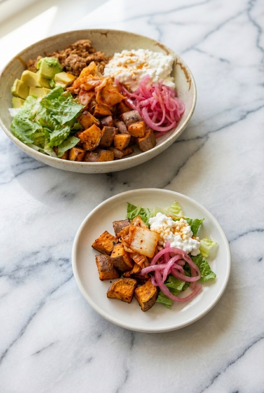 A prepared Sweet Potato Cottage Cheese Taco Bowl styled on a clean countertop, showcasing dietary fiber and healthy fats.