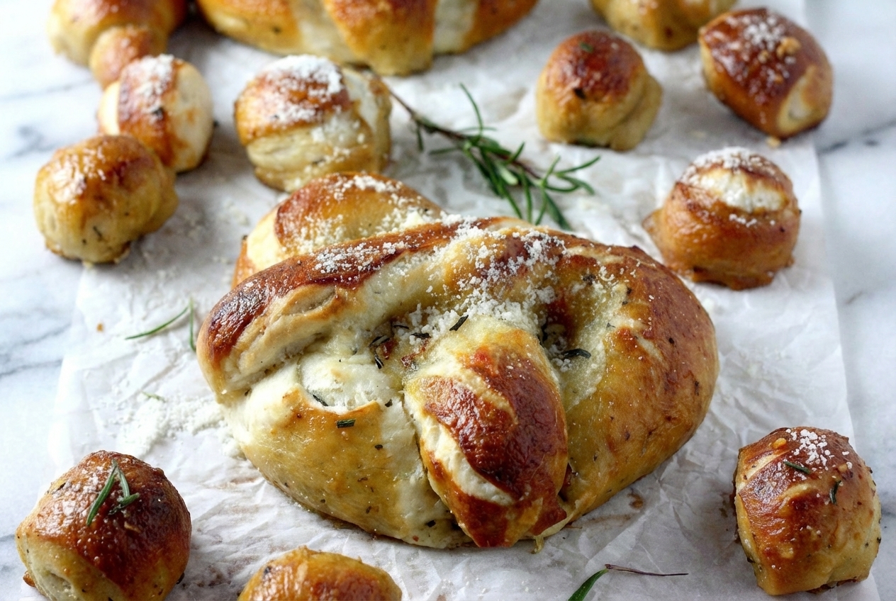 Golden Mozzarella Stuffed Rosemary Parmesan Soft Pretzels brushed with roasted garlic brown butter on a white marble surface.