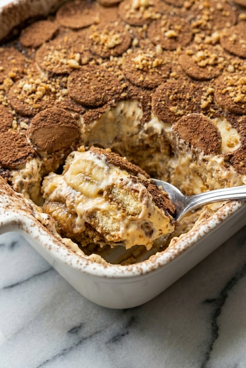 Detailed layers of no bake banana pudding tiramisu in a minimalist vessel under soft natural window lighting.