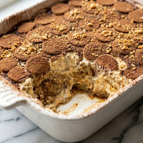 No bake banana pudding tiramisu in a minimalist ceramic bowl on white marble featuring golden toasted milk solids.