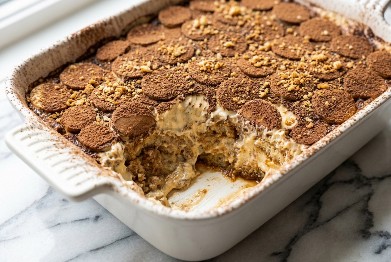 No bake banana pudding tiramisu in a minimalist ceramic bowl on white marble featuring golden toasted milk solids.