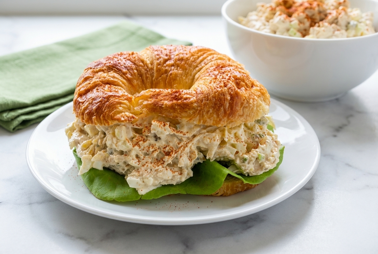 Creamy Old Southern Chicken Salad (25g Protein) with a smoked paprika boost in a minimalist ceramic bowl on white marble.