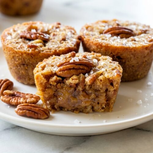 Pecan Pie Brown Sugar Muffins with brown butter and flaky sea salt on a minimalist ceramic plate over white marble.