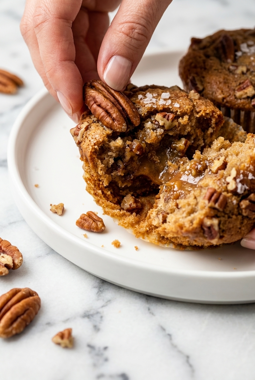 Detailed crumb texture of Pecan Pie Brown Sugar Muffins highlighting the caramelization on a white marble surface.