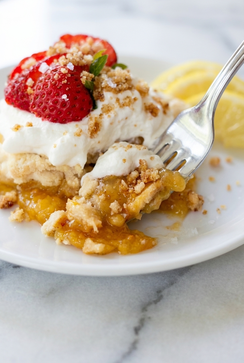 Close-up of Buttery Lemon Dump Cake in a baking dish showing the golden Maillard reaction and crispy cobbler texture.