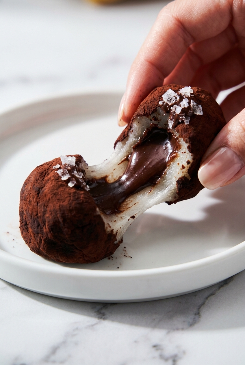 Close-up of the elastic, tender texture of Japanese Chocolate Mochi dough in a minimalist ceramic vessel.