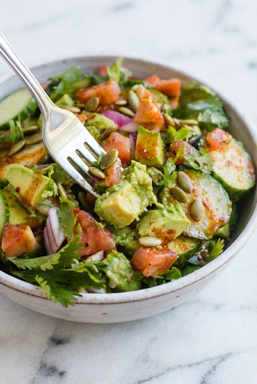 Close-up of Keto Avocado Salad highlighting the creamy texture of the avocado and the vibrant red smoked paprika dressing.