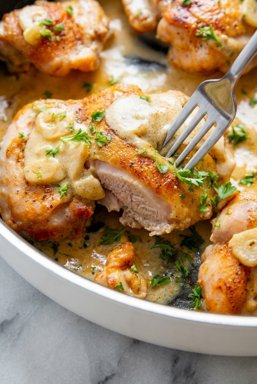 Sizzling Yummy Garlic Chicken Keto Recipe in a cast iron skillet showcasing a perfect golden Maillard reaction.