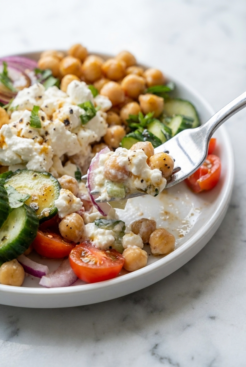 Close-up of the Chickpea & Cottage Cheese Power Salad textures highlighting the creamy cheese and fiber-rich legumes under natural lighting.