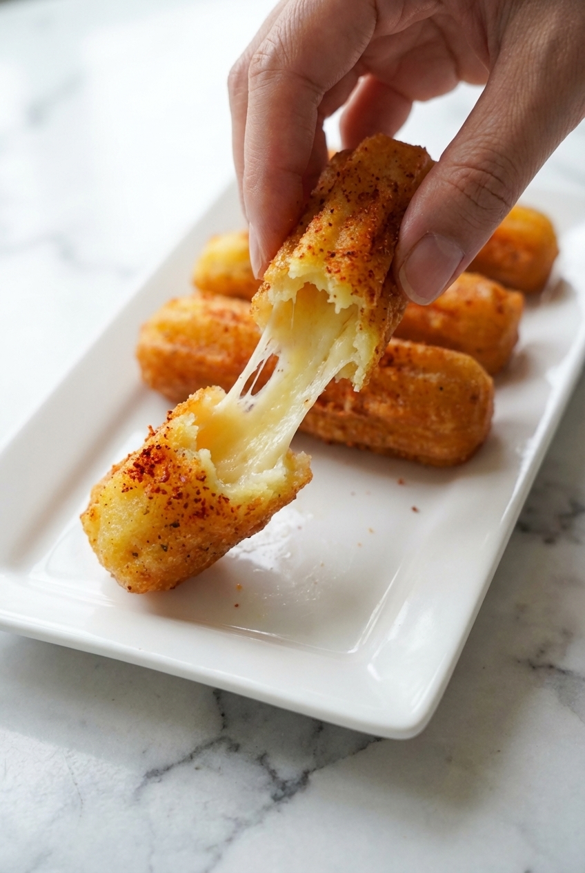 Close-up of potato cheese sticks showing a crispy, textured crust achieved through precise deep frying on a marble surface.