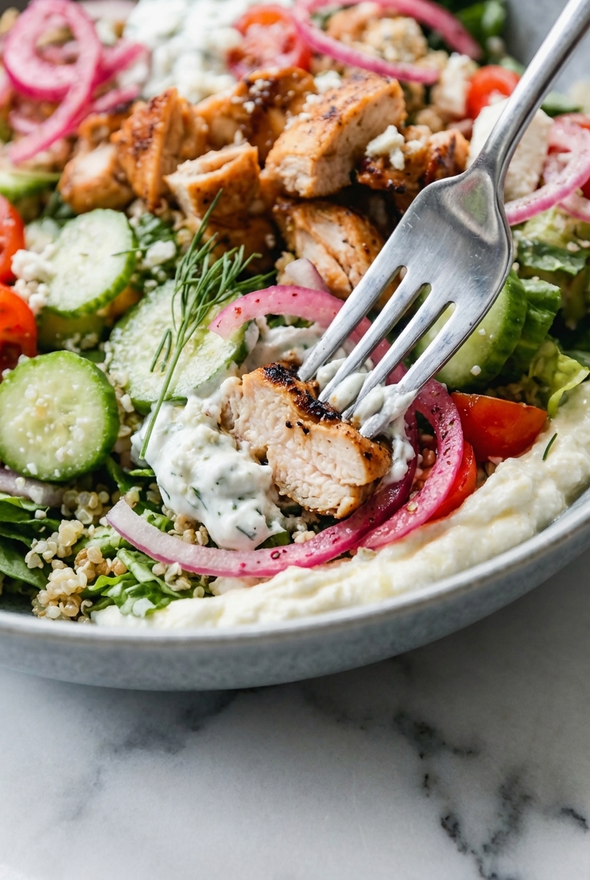 Close-up of Greek Chicken Bowls showing the Maillard reaction on golden chicken beside creamy feta under natural light.
