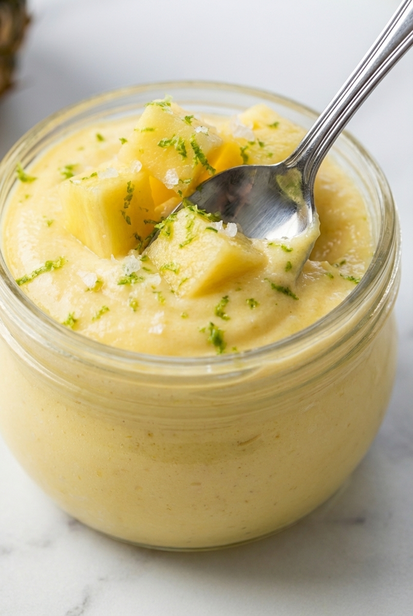 Close-up of the airy texture of Cottage Cheese Pineapple Mousse Cups showing stiff peaks and folding technique in soft window lighting.