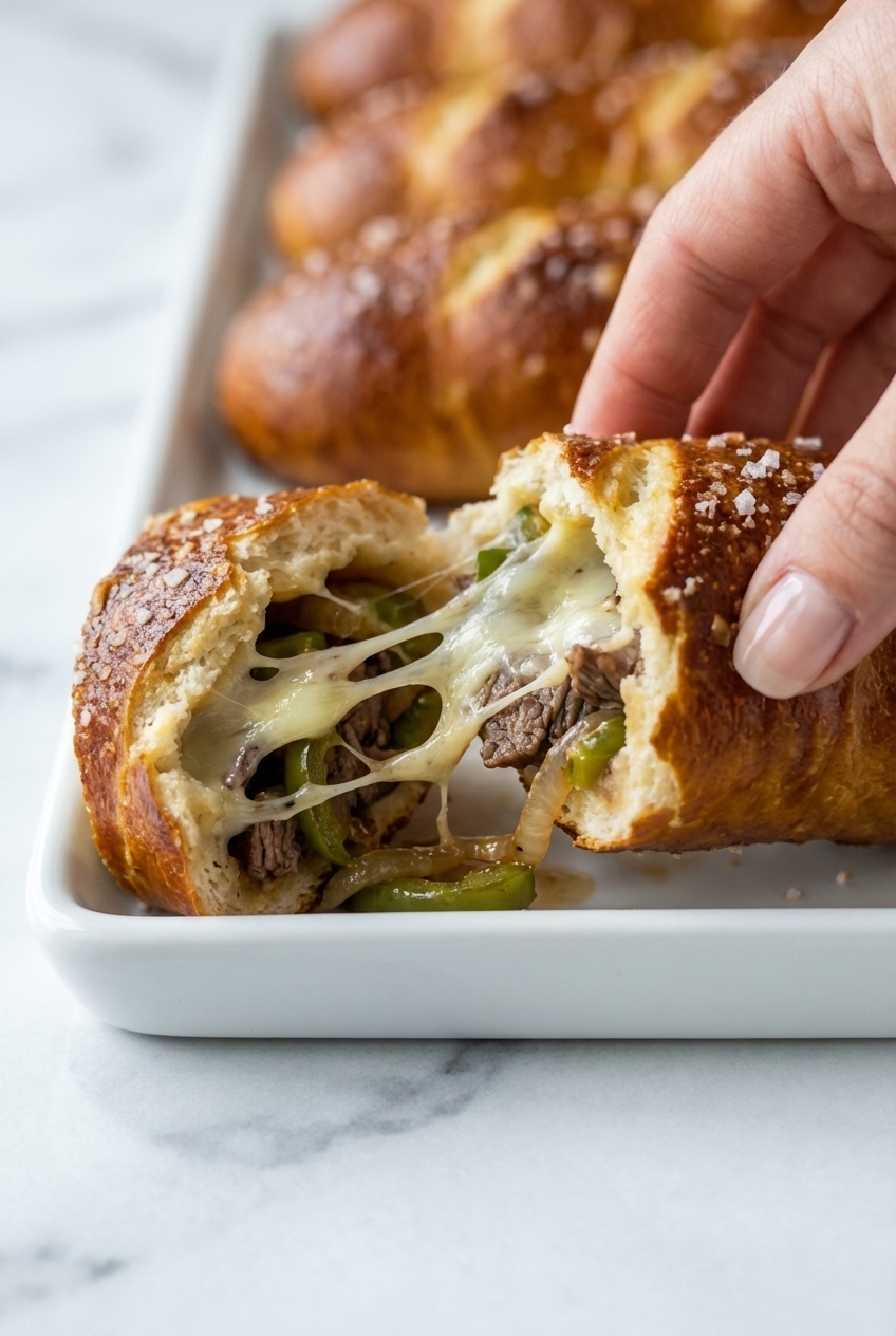 Macro view of the crispy, pretzel-style crust of Philly Cheesesteak Stuffed Cheesy Breadsticks showcasing the Maillard reaction.