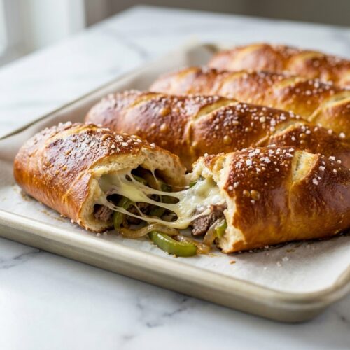 Philly Cheesesteak Stuffed Cheesy Breadsticks with a dark golden pretzel-style crust and melted smoked provolone on white marble.