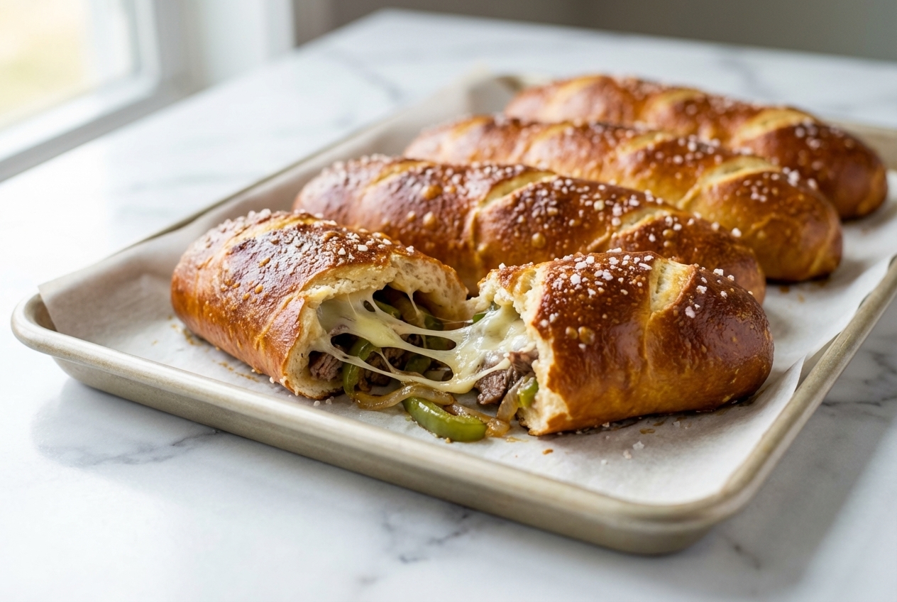 Philly Cheesesteak Stuffed Cheesy Breadsticks with a dark golden pretzel-style crust and melted smoked provolone on white marble.