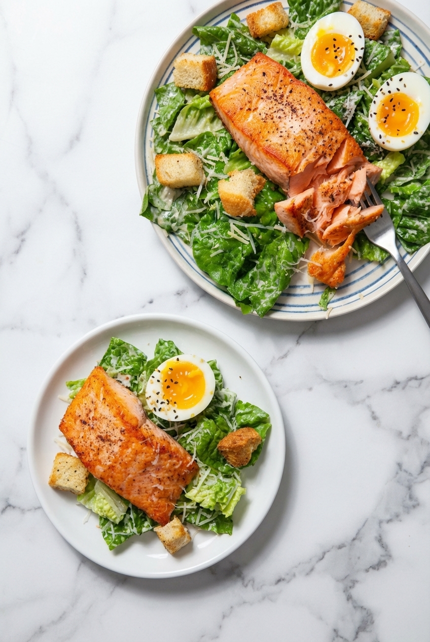 Salmon Caesar Salad With Hard Boiled Egg served in a minimalist ceramic bowl on a white marble surface with soft shadows.