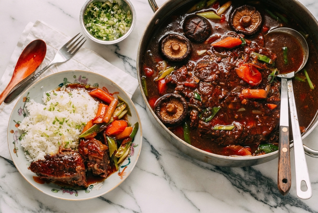 Pot Roast with Oyster Sauce Gravy featuring umami shiitake mushrooms in a minimalist ceramic vessel on white marble.
