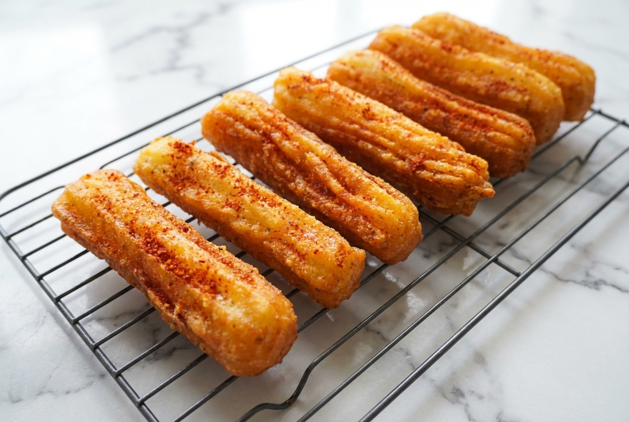 Golden potato cheese sticks on a minimalist ceramic plate, crispy exterior from cold-infused garlic oil, white marble surface.